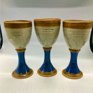 3Pc RARE Germany Handmade Art Pottery Wine Goblets Signed Terry Grimley, Germany